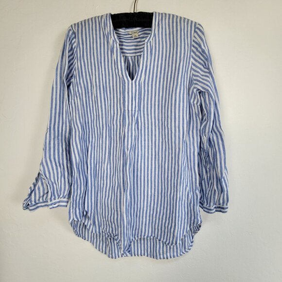L.L. Bean Womens Petite Medium Blue & White Striped 100% Linen Tunic Top V-Neck - Picture 1 of 8